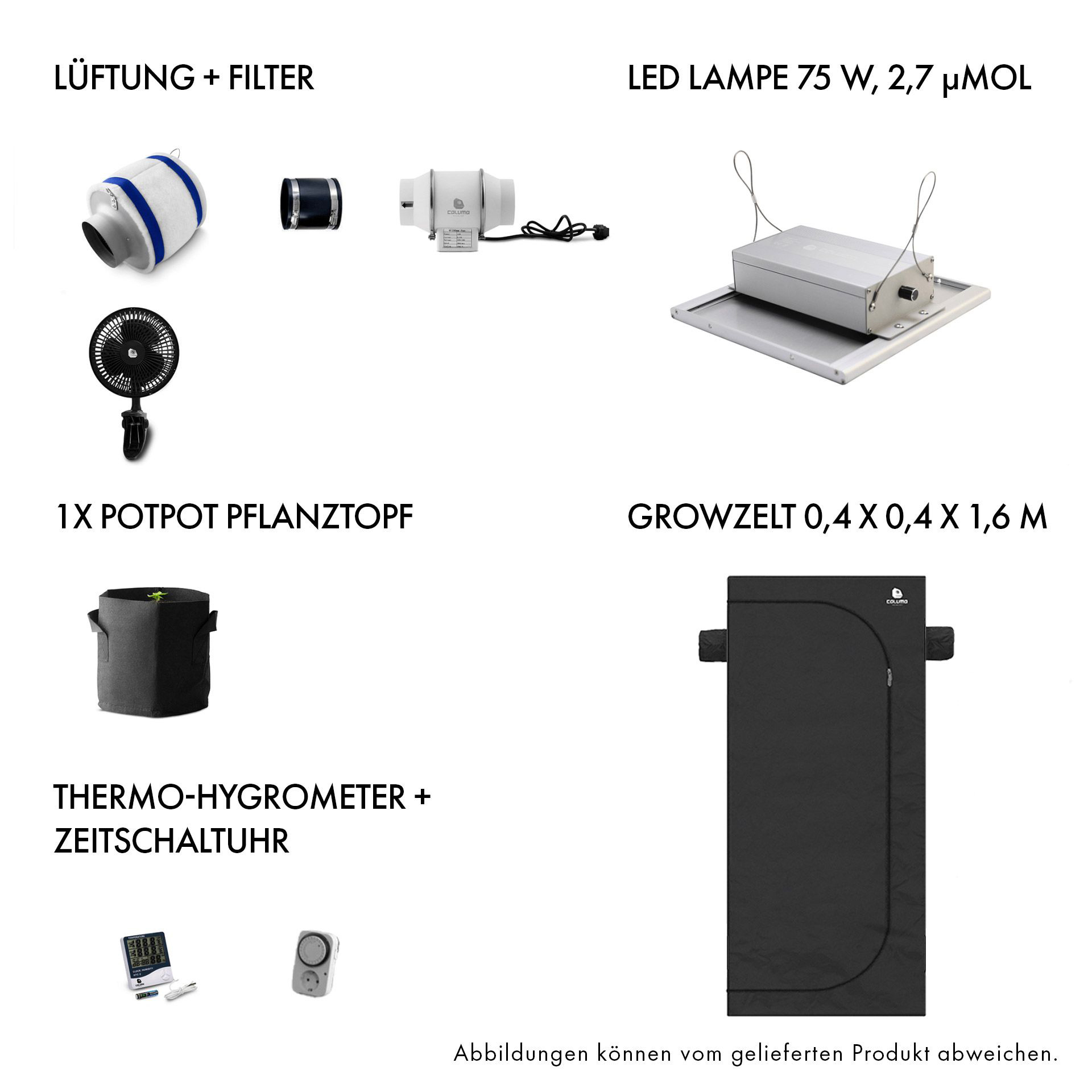 Growbox Komplettset 75W LED 40x40cm - Caluma Set - 1 Plant